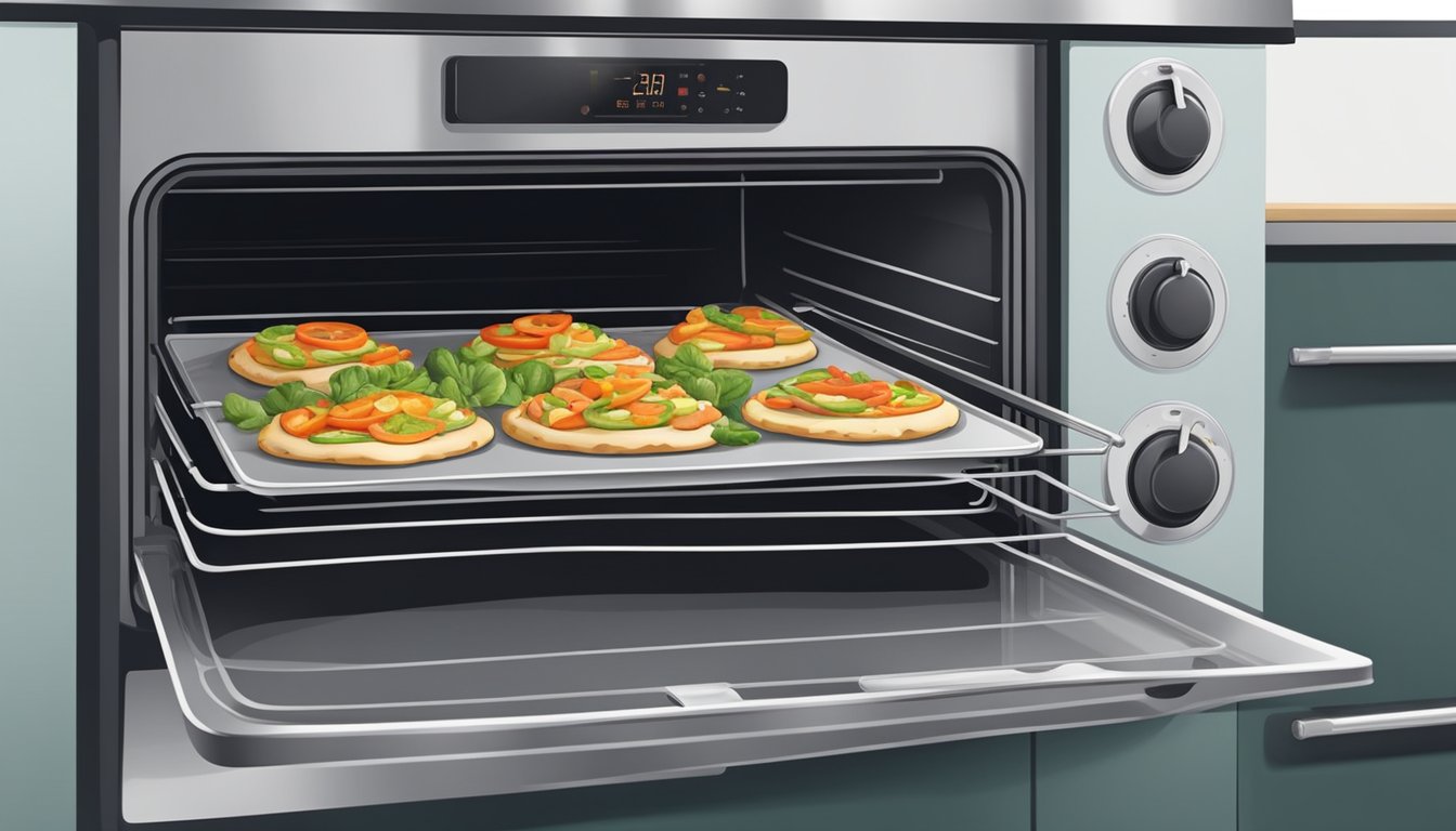 A chicken and vegetable flatbread sits on a baking sheet in the oven, with the oven door closed and the heat set to reheat the meal