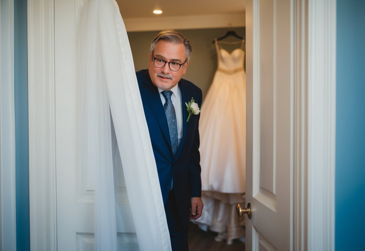 A father peeks through a partially open door, catching a glimpse of the wedding dress hanging in the room