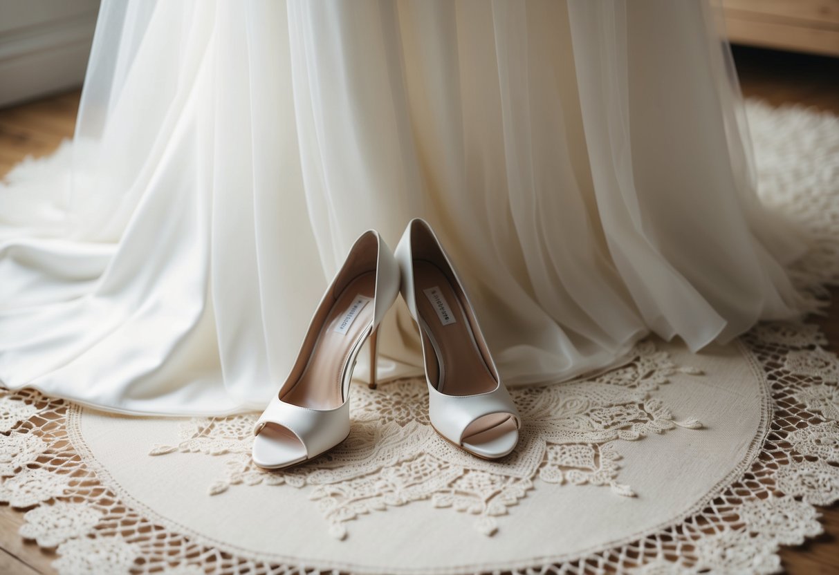 A pair of elegant white heels placed next to a flowing wedding dress on a delicate lace rug