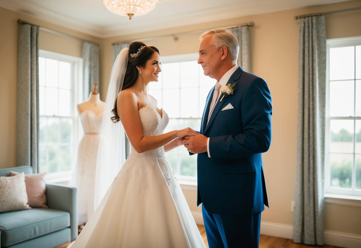 The father of the bride admires the wedding dress on a mannequin in a softly lit room