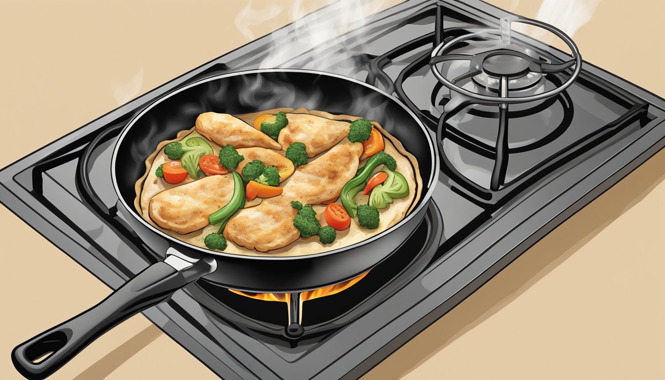 A skillet on a gas stove with a piece of chicken and vegetable flatbread being reheated over the open flame