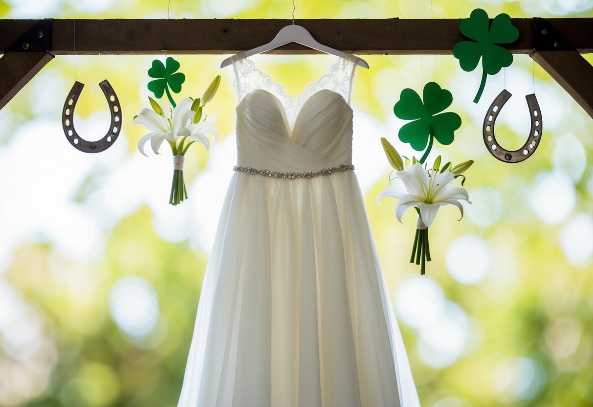 A wedding dress hanging from a beam, surrounded by symbols of luck and love - horseshoes, four-leaf clovers, and a bouquet of white lilies