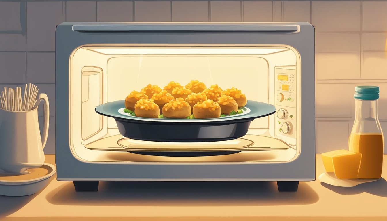 A plate of chicken and cheese stuffed mushrooms rotates inside a microwave, emitting a warm glow as they reheat to perfection