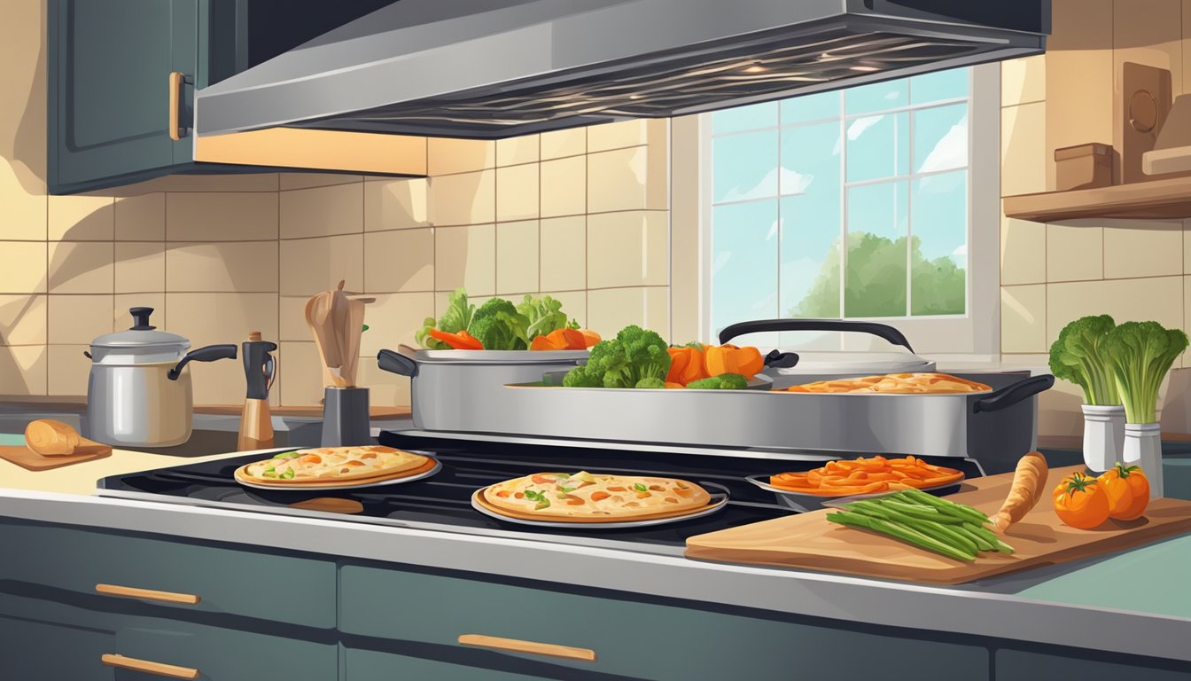 A flatbread and chicken are being reheated in an oven, while vegetables are being sautéed in a pan on a stovetop