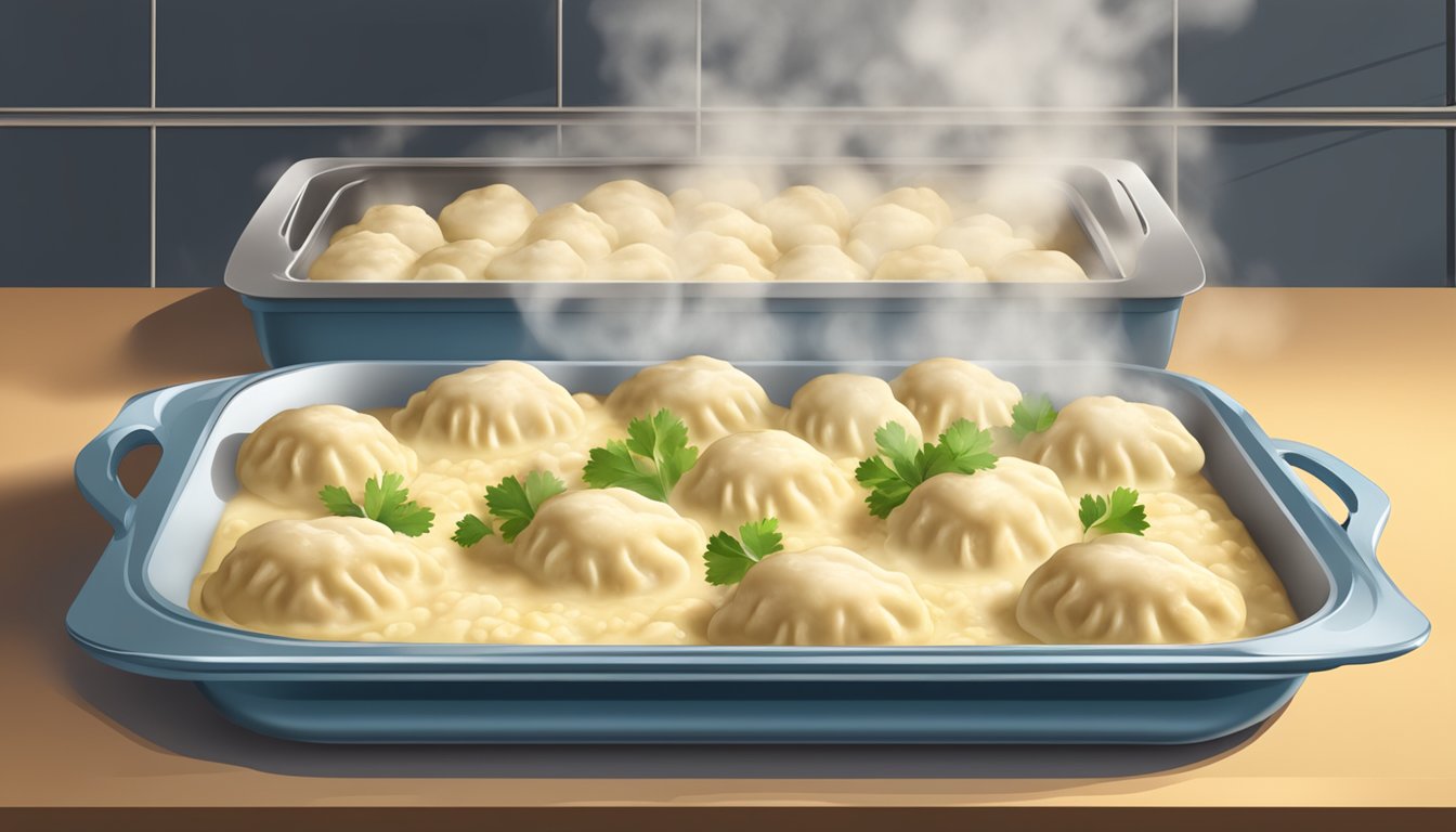 A baking dish filled with chicken and dumplings in the oven, with steam rising from the hot food