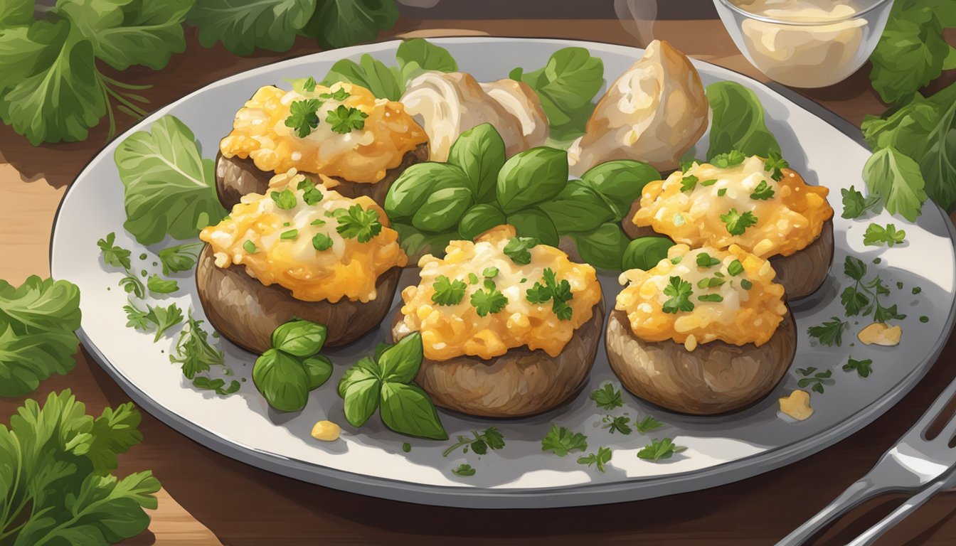 A plate of reheated chicken and cheese stuffed mushrooms, steam rising from the crispy texture, surrounded by fresh herbs and seasoning