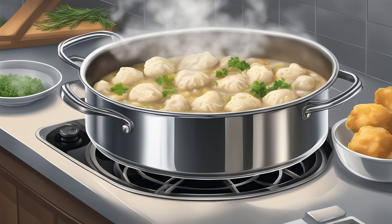 A pot of chicken and dumplings being gently reheated on a stovetop, steam rising as the cook adds a final sprinkle of herbs for enhanced flavor