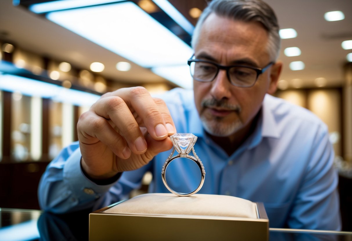 A jeweler carefully measures and inspects a sparkling diamond ring under bright lights in a luxurious showroom
