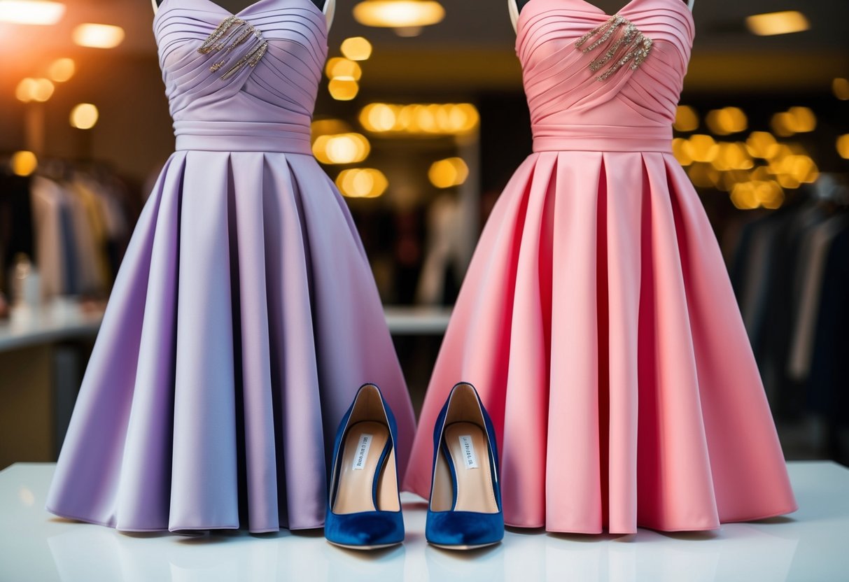 A woman's dress and shoes in matching colors, displayed side by side