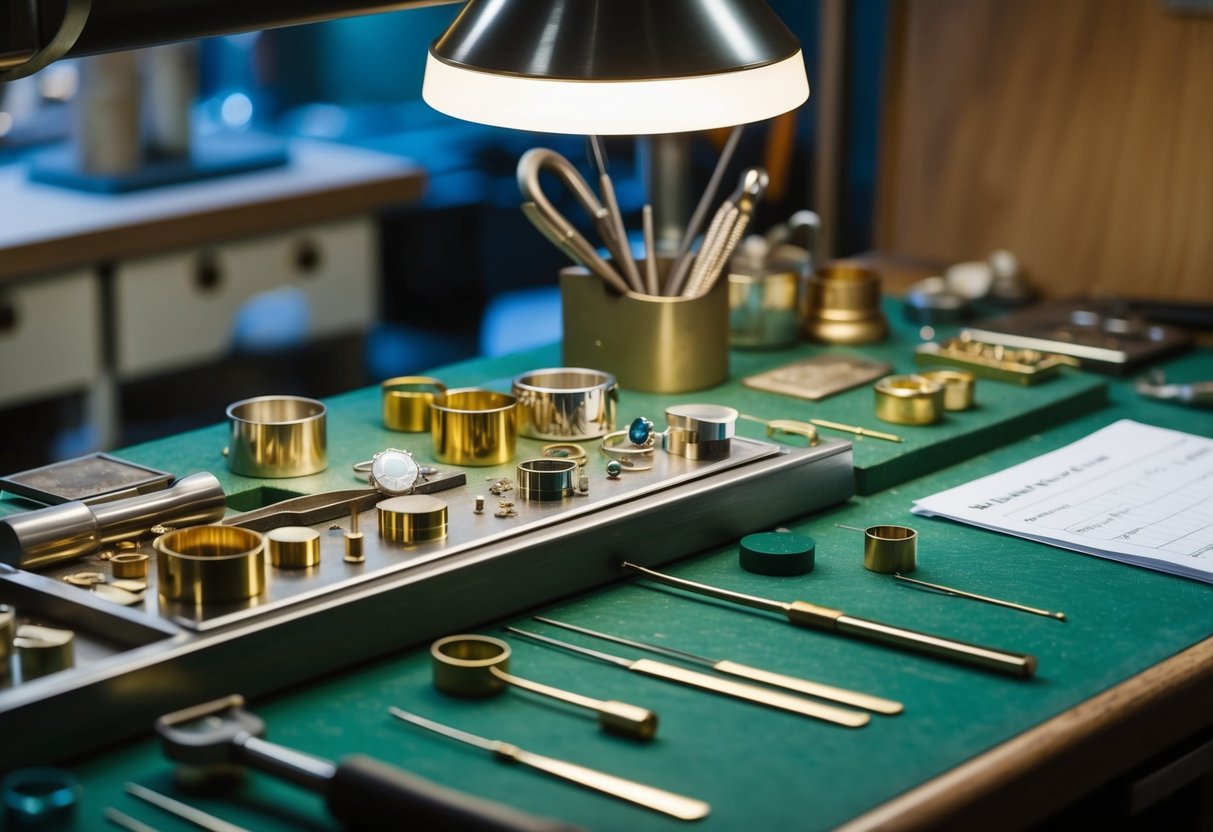 A jeweler’s workbench with various precious metals, gemstones, and tools. A wedding ring design sketch and price list are visible nearby