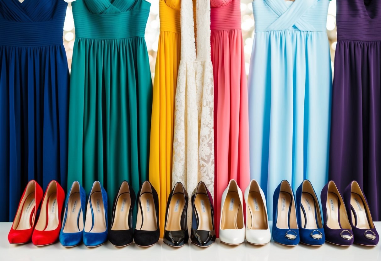 A collection of various shoe types arranged next to different colored dresses, showcasing the impact of matching or mismatching colors