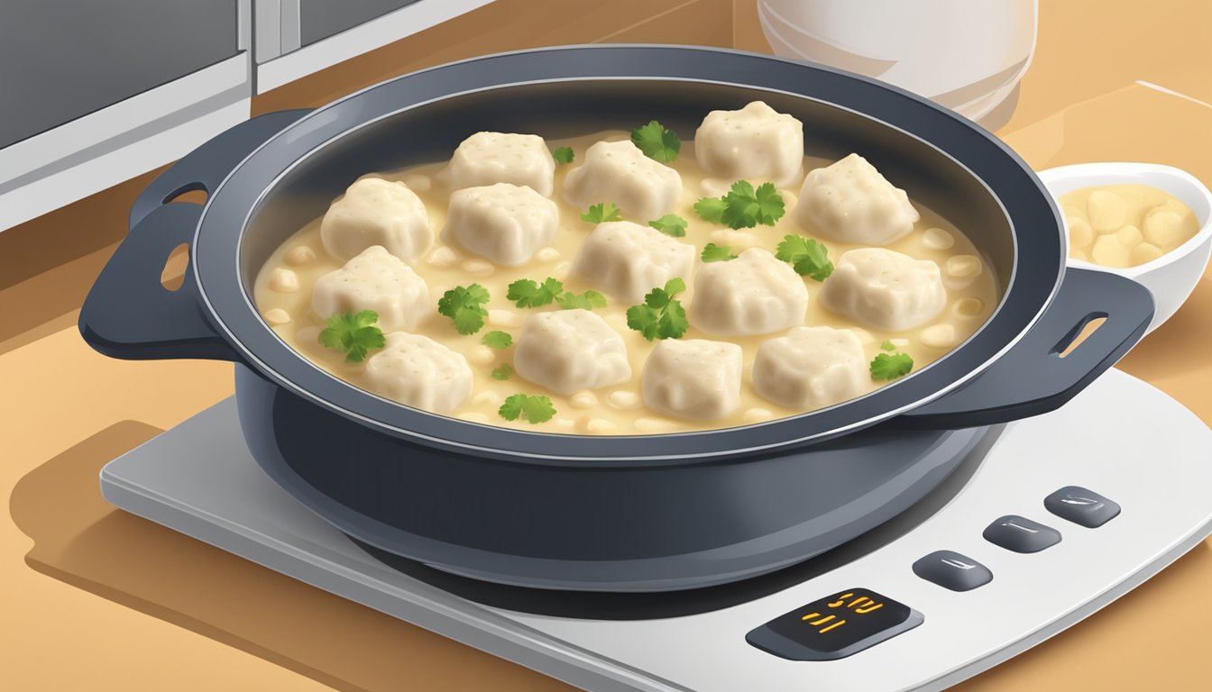 A bowl of chicken and dumplings bites being reheated in a microwave