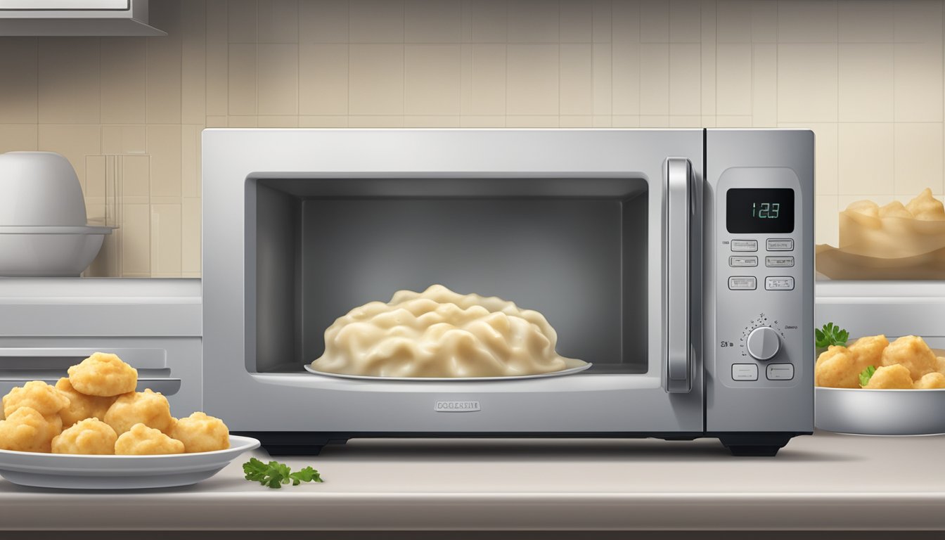 A microwave with a plate of chicken and dumplings bites inside, steam rising from the food