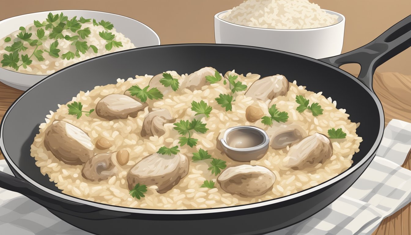 A steaming bowl of chicken and mushroom risotto being gently reheated in a skillet over a low flame, with the creamy rice mixture slowly warming up