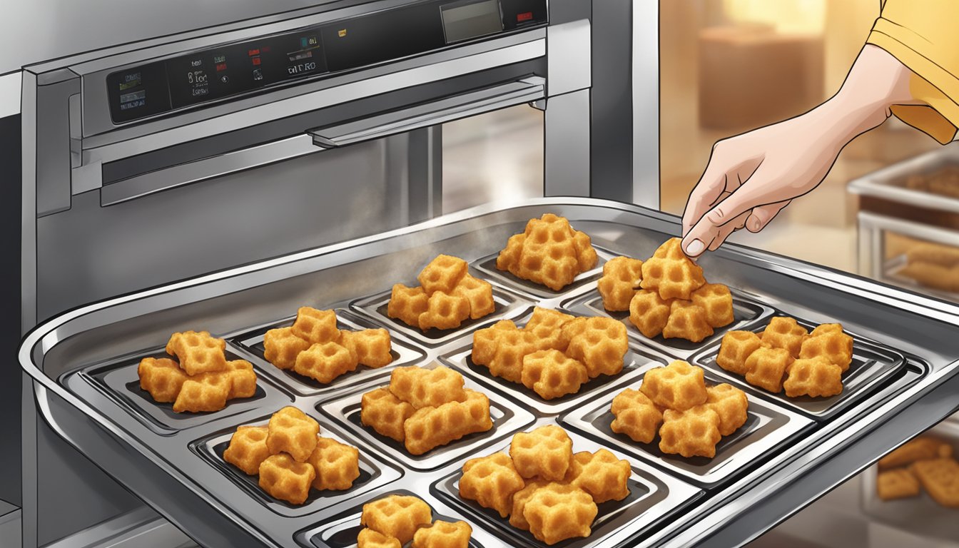 A plate of chicken and waffle bites being placed in a preheated oven