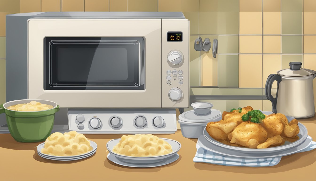 A microwave and stovetop with a pot, chicken and dumplings, and a plate