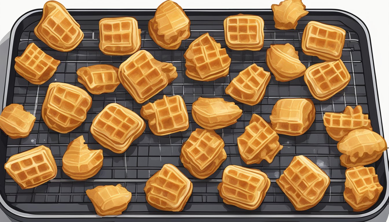 Chicken and waffle bites arranged on an air fryer tray, steam rising as they reheat