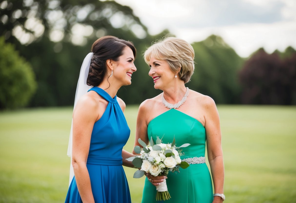 A wedding guest and the mother of the bride wearing the same color dress, standing together and smiling at each other