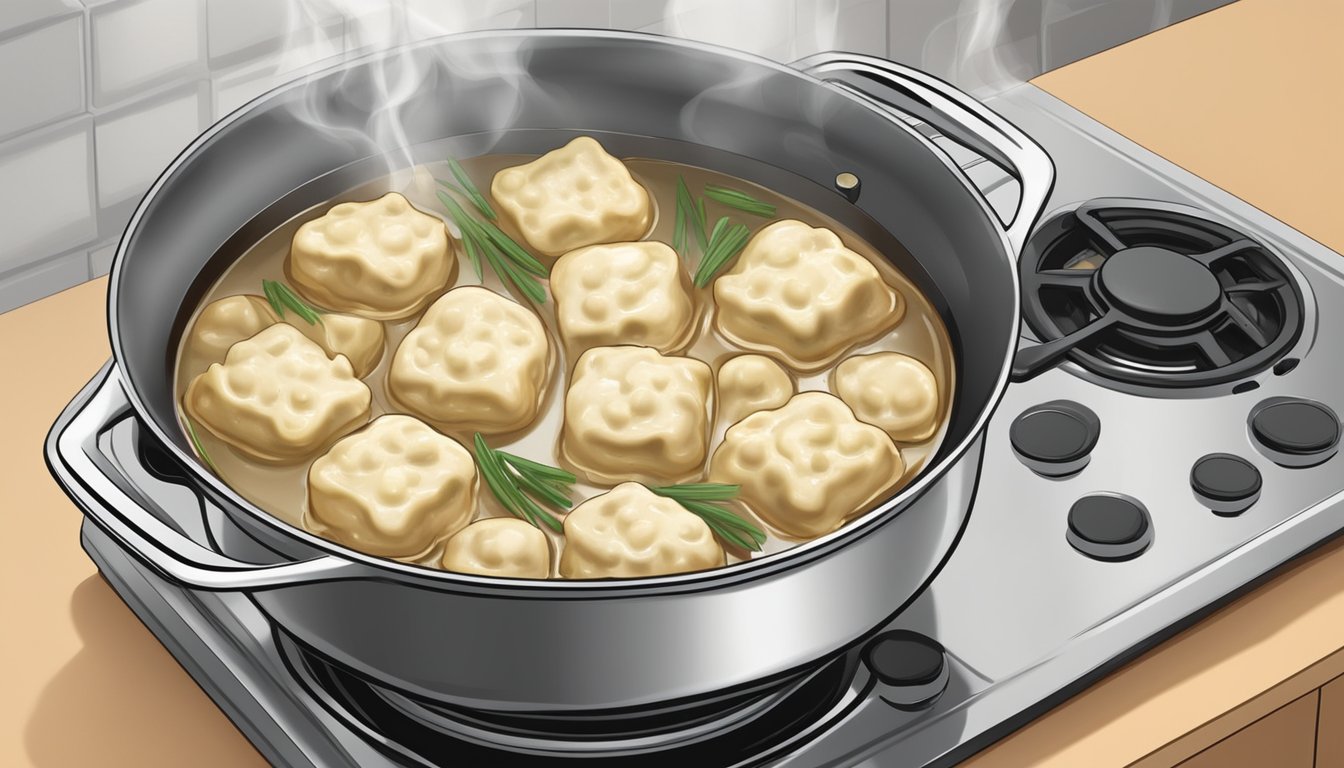 A pot on a stovetop with chicken and dumplings bites being reheated in simmering liquid