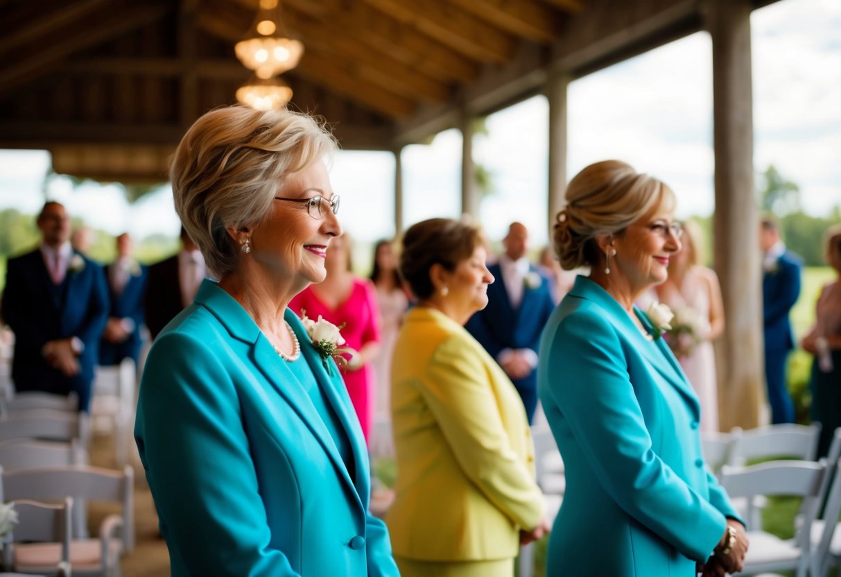 A wedding guest in a similar color outfit as the mother of the bride, standing in the background of the wedding venue