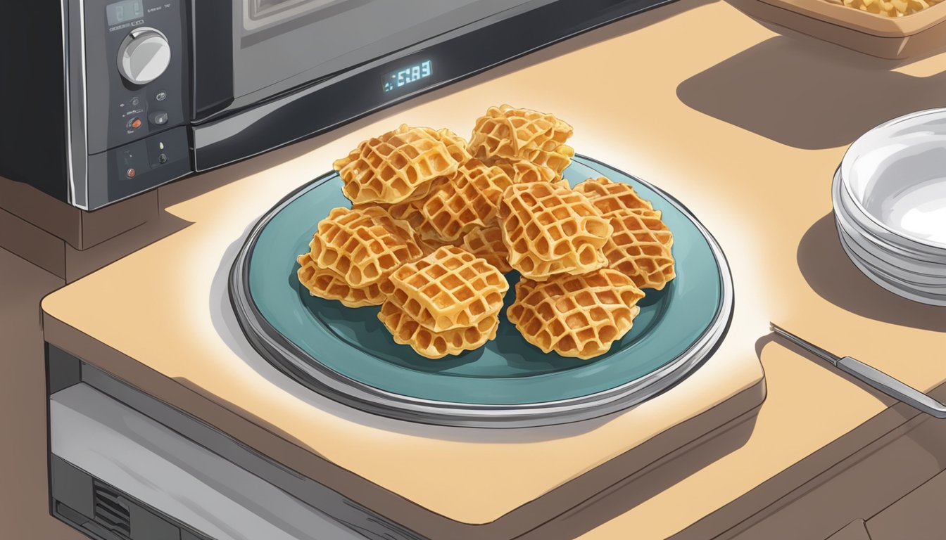 Chicken and waffle bites arranged on a plate, being heated in a microwave