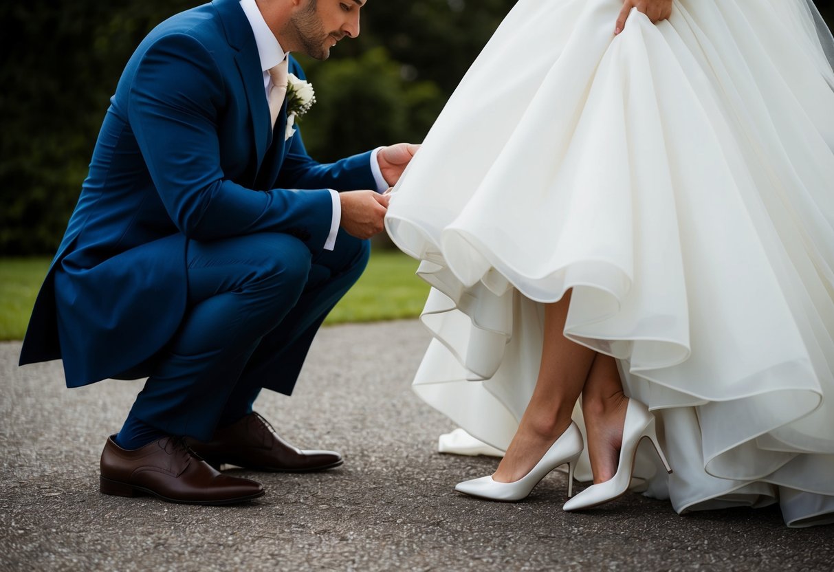 The groom gazes down at the bride's feet, where her elegant white shoes peek out from beneath her flowing wedding gown