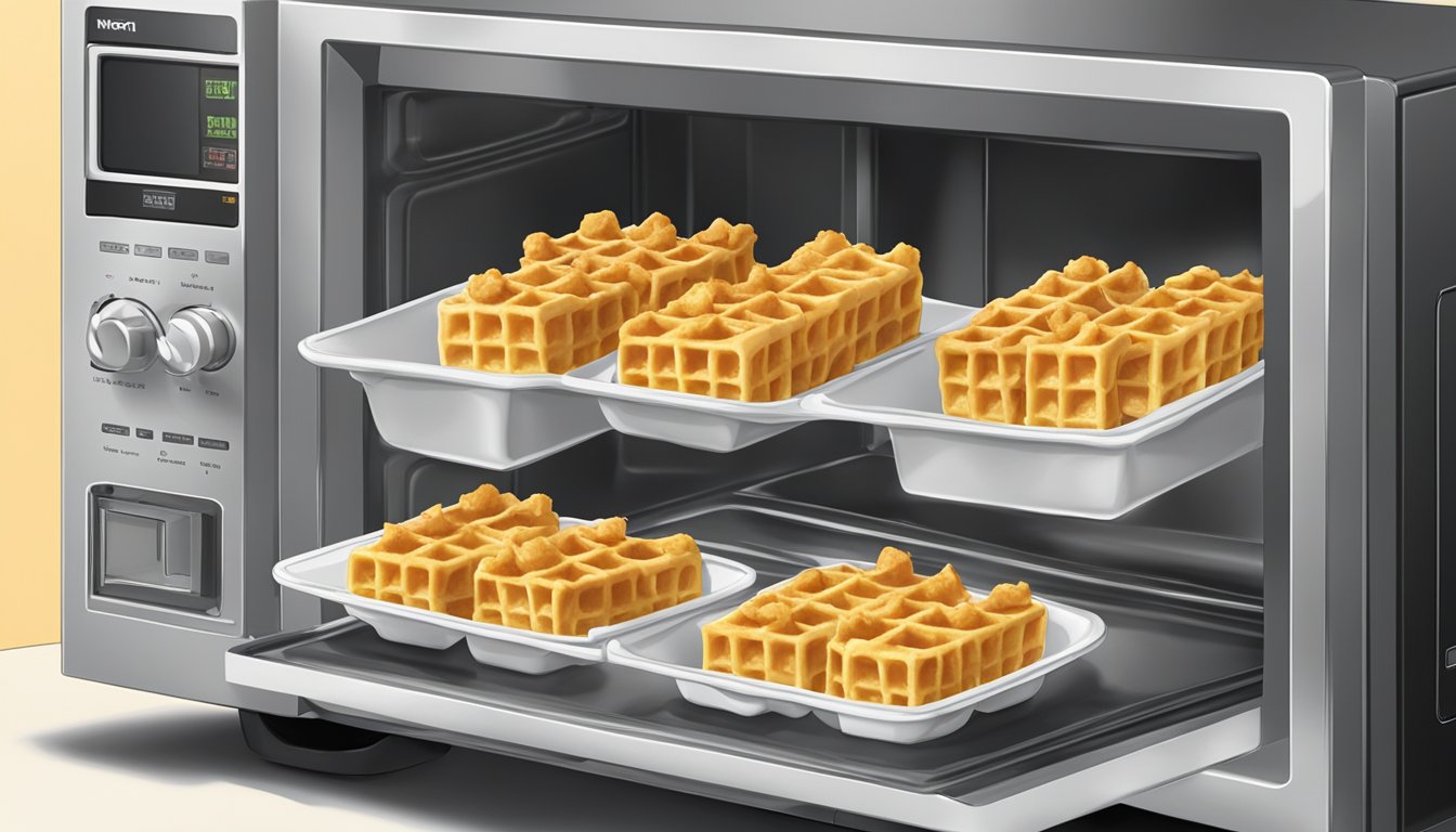 A plate of chicken and waffle bites being reheated in a microwave