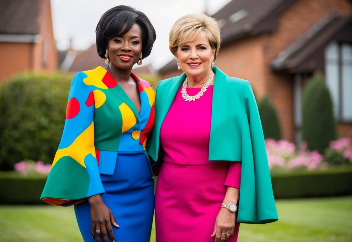 A wedding guest in a bold, colorful outfit stands next to the mother of the bride, who is wearing a similar shade. Both women exude confidence and individuality