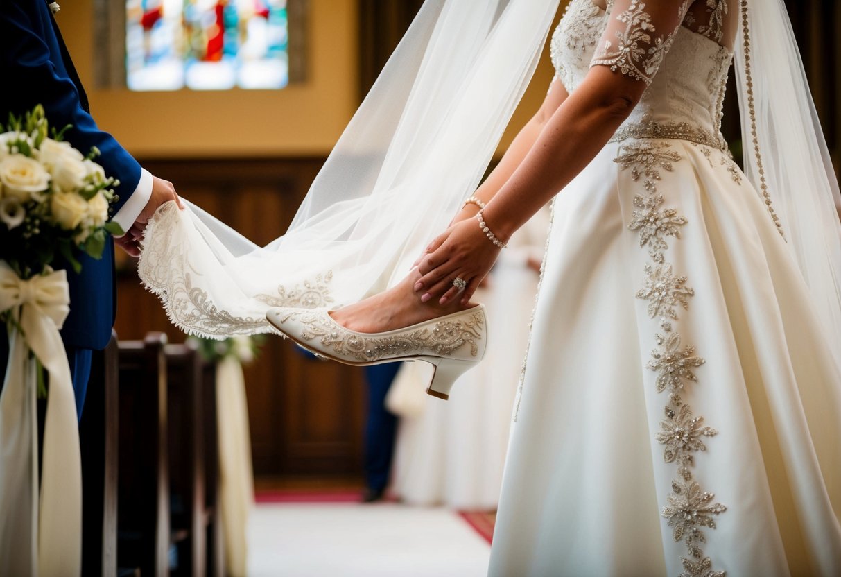 A groom stands at the altar, lifting the bride's long veil to reveal her intricately embroidered shoes. The delicate lace and shimmering beads symbolize their cultural significance
