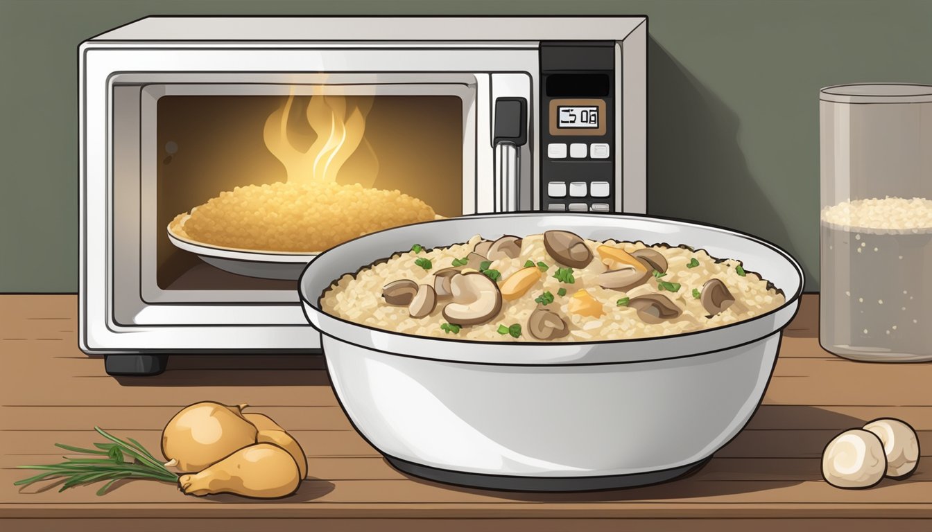 A bowl of chicken and mushroom risotto being reheated in a microwave