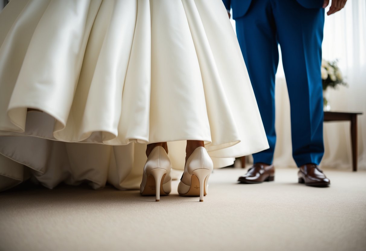 A pair of elegant bridal shoes peek out from under the hem of a flowing white gown, catching the groom's eye as he eagerly awaits his bride