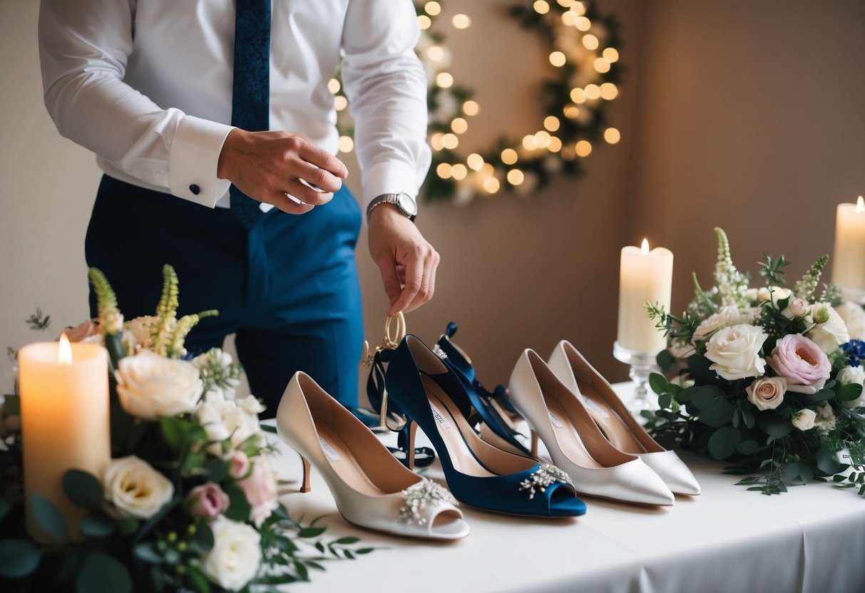 The groom helps arrange the bride's shoes and accessories on a table, surrounded by floral decorations and soft candlelight