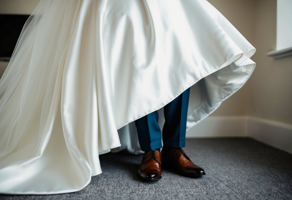 A groom peers under a flowing white gown, trying to catch a glimpse of the bride's shoes