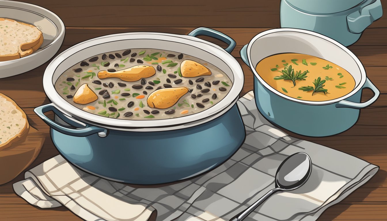 A pot of chicken and wild rice soup sits on a stovetop. A spoon rests on a napkin next to the pot