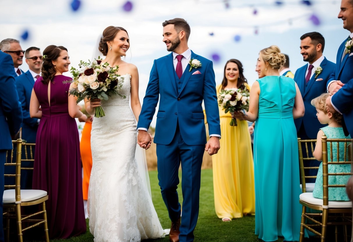 A bride and groom holding hands, surrounded by guests in matching colored attire