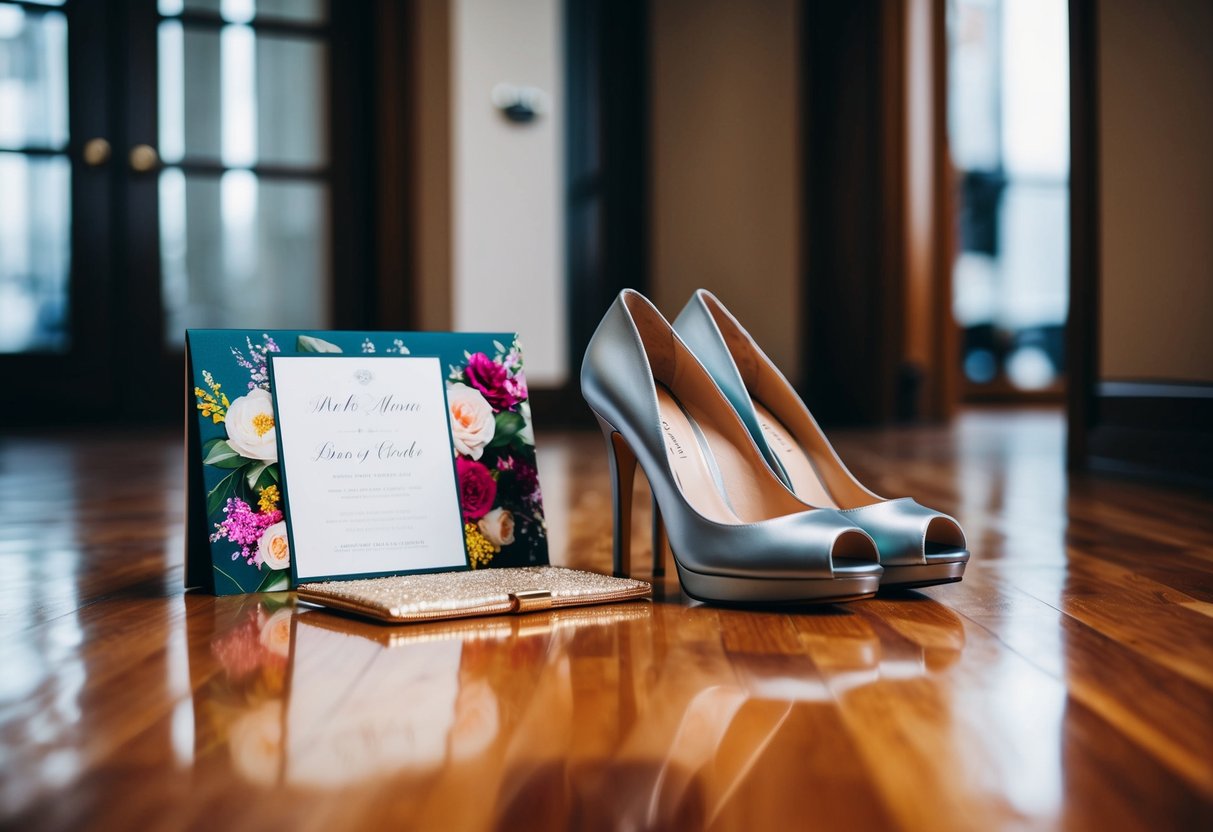 A pair of elegant high heels placed next to a floral invitation and a fancy clutch on a polished wooden floor