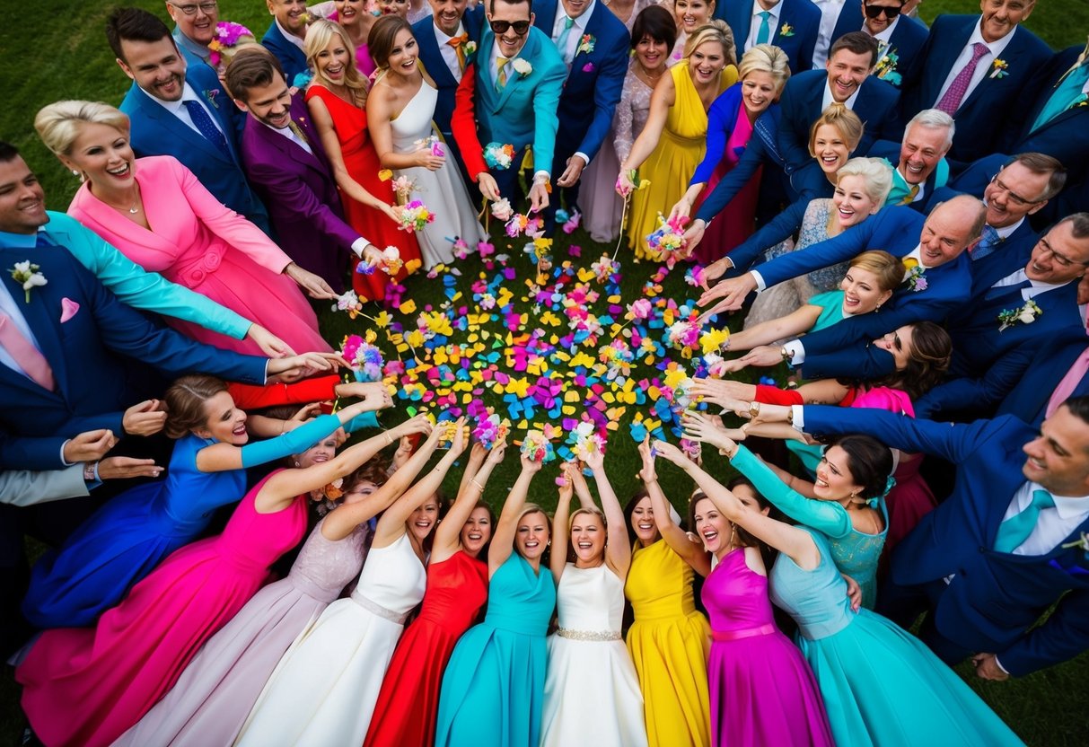 A vibrant array of wedding guests in assorted hues, forming a colorful mosaic as they celebrate the special day