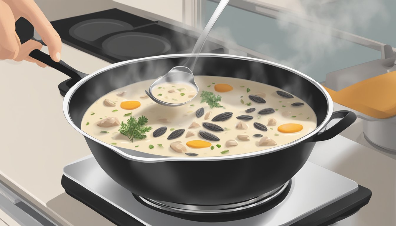 A pot of chicken and wild rice soup simmers on a stovetop, steam rising as a hand stirs in a ladle of cream, adjusting the consistency and flavor