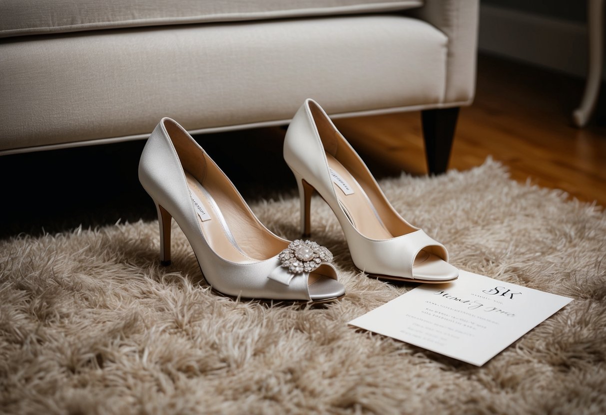 A pair of elegant shoes, one with heels and the other without, displayed on a plush rug with a wedding invitation nearby