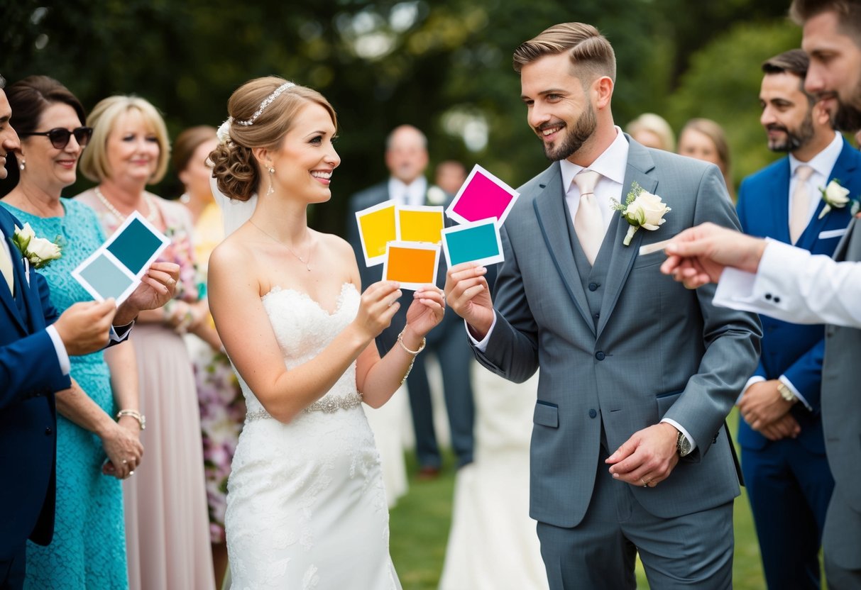 A bride and groom hold up swatches of a specific color while guests look on, indicating their attire expectations for the wedding
