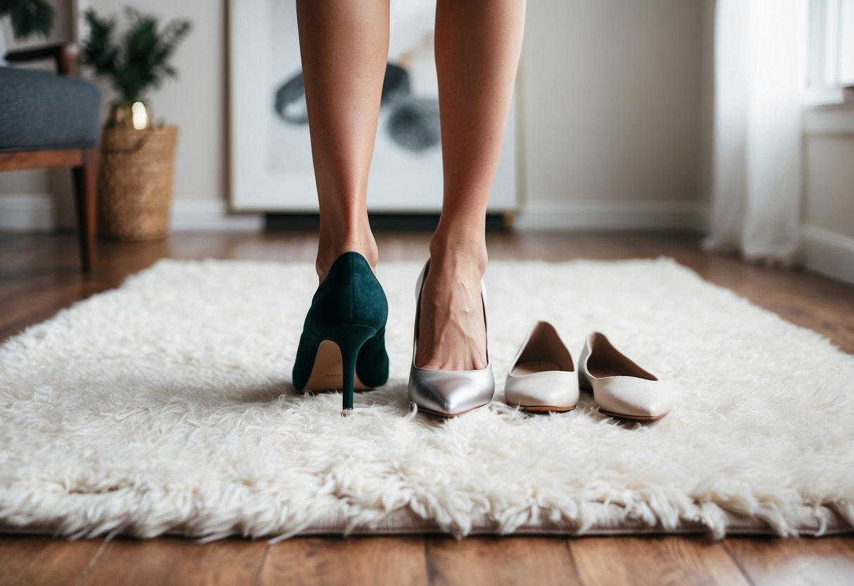 A pair of elegant heels and a pair of simple flats sit side by side on a plush, white rug