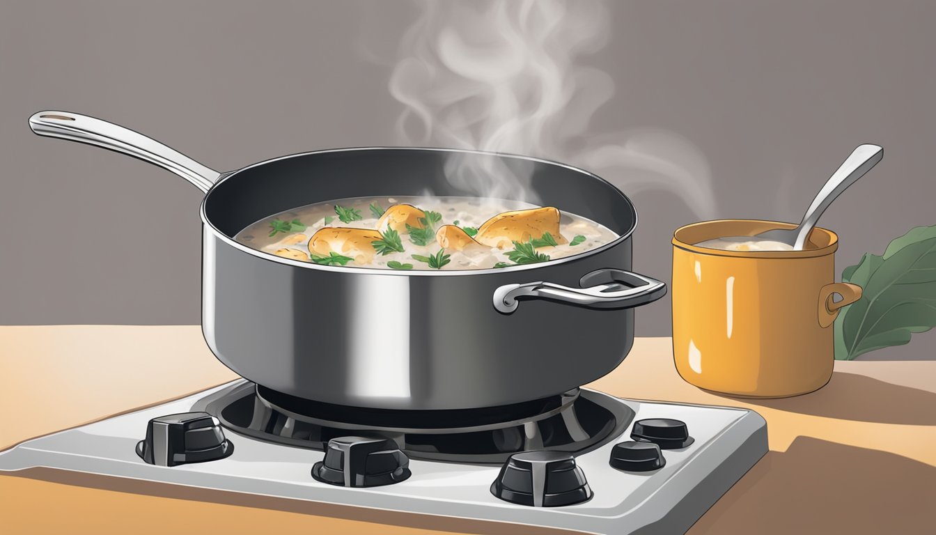 A pot of chicken and wild rice soup being reheated on a stovetop, with steam rising and a ladle resting on the edge