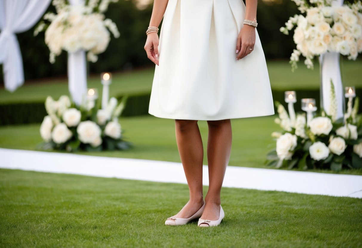 A wedding guest in a stylish dress stands on a grassy lawn, surrounded by blooming flowers and elegant decor. She wears comfortable yet fashionable flats, exuding confidence and sophistication