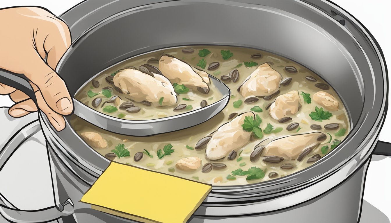 A pot of chicken and wild rice soup being transferred from stove to a freezer-safe container, with instructions for reheating written on a sticky note