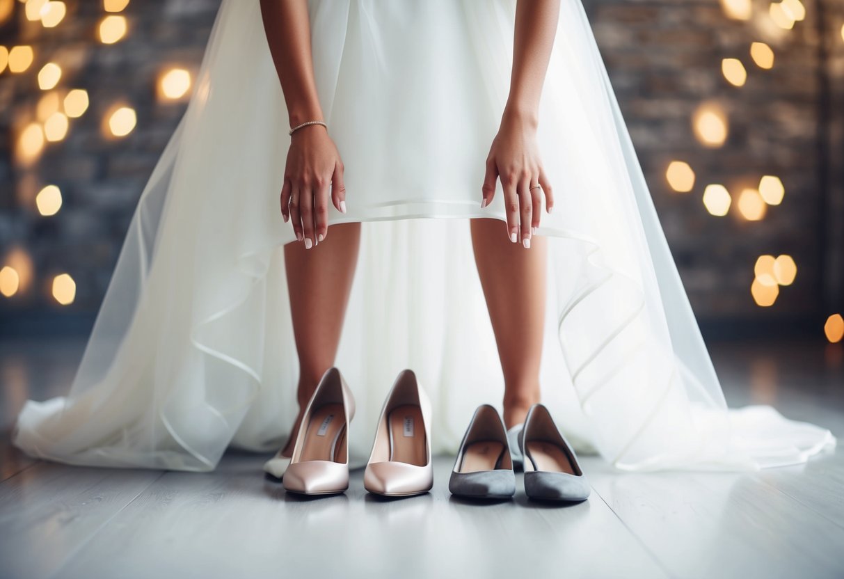 A bride stands between a pair of elegant high heels and a comfortable pair of flats, weighing her options