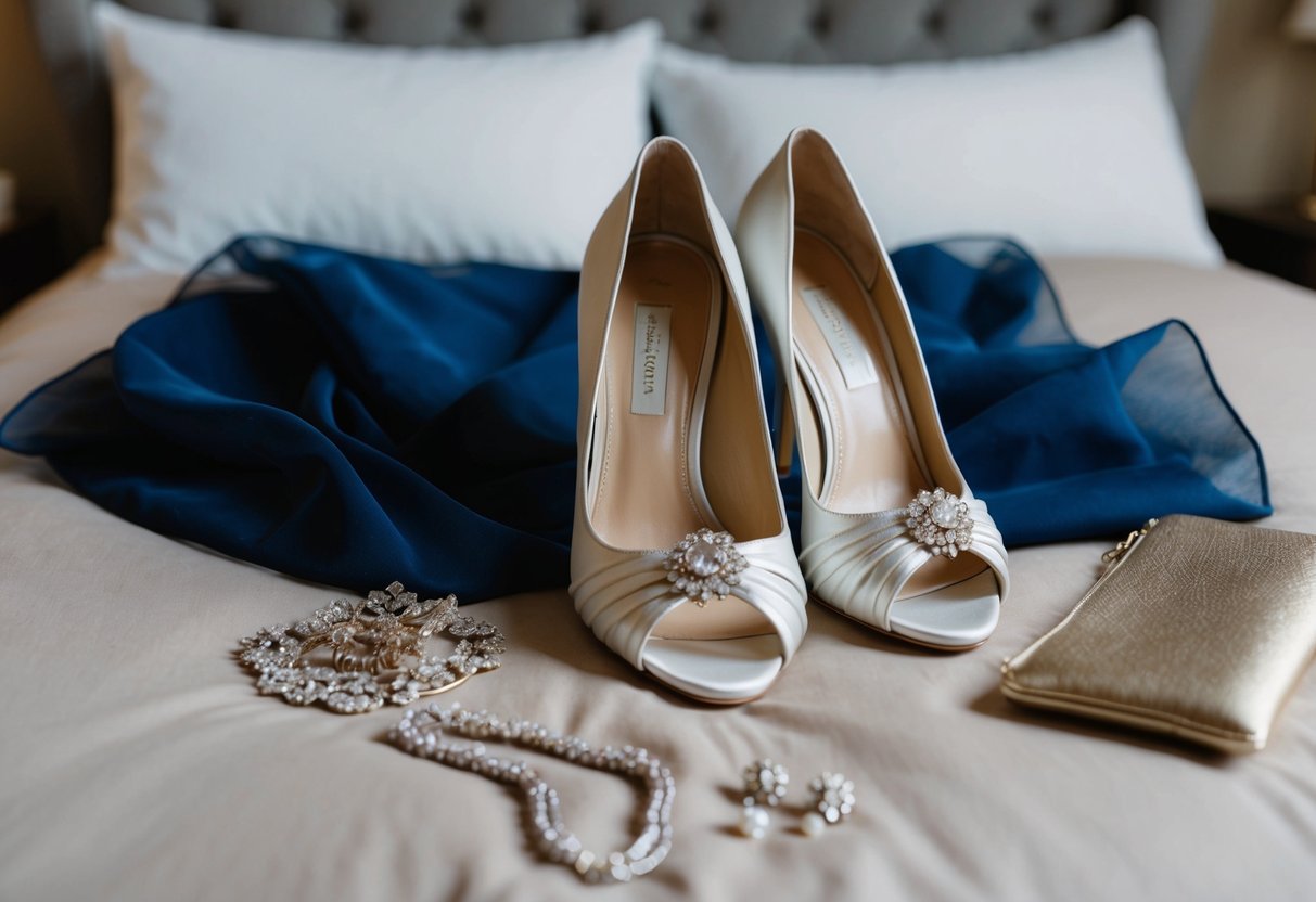 A wedding guest outfit laid out on a bed, with a pair of elegant heels next to it, surrounded by jewelry and a clutch