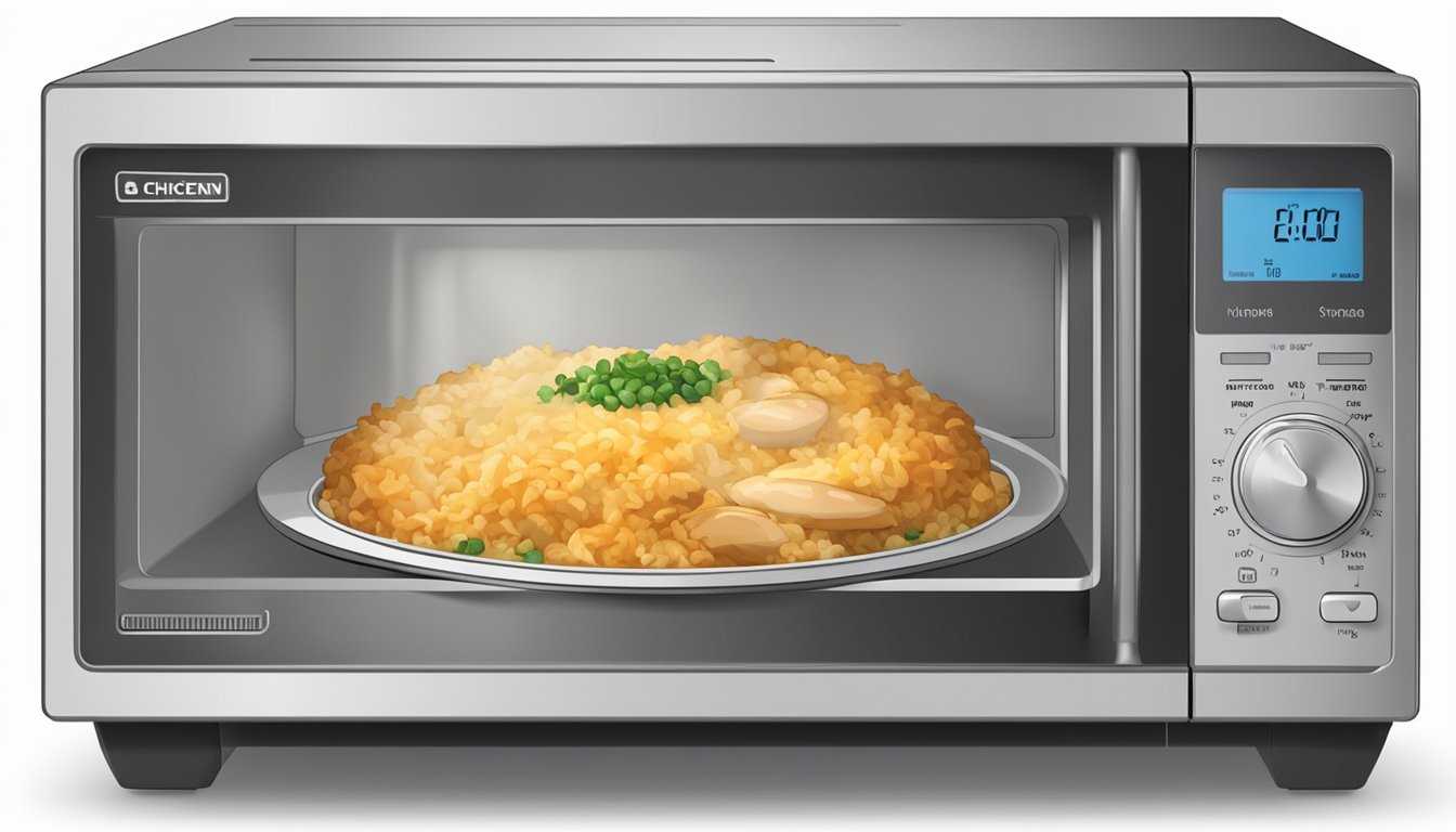 A microwave with a plate of chicken and rice casserole inside, a timer set, and steam rising from the dish