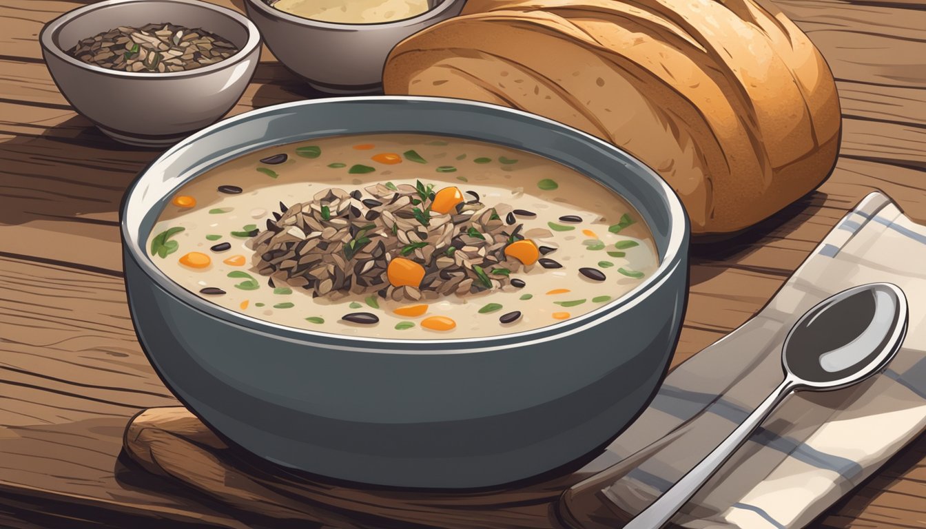 A steaming bowl of chicken and wild rice soup sits on a rustic wooden table, next to a freshly baked loaf of bread and a spoon