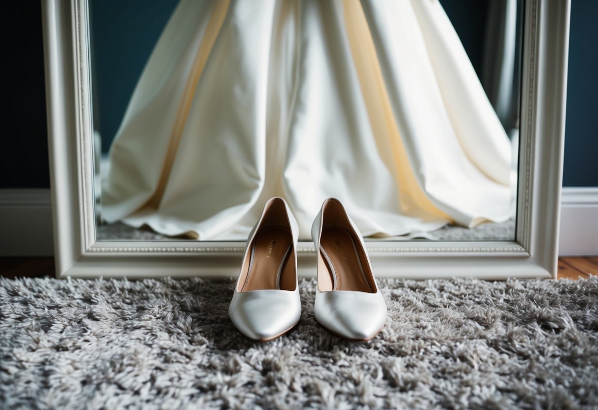 A bride's gown and two pairs of shoes, one heels and one flats, laid out on a plush rug in front of a full-length mirror