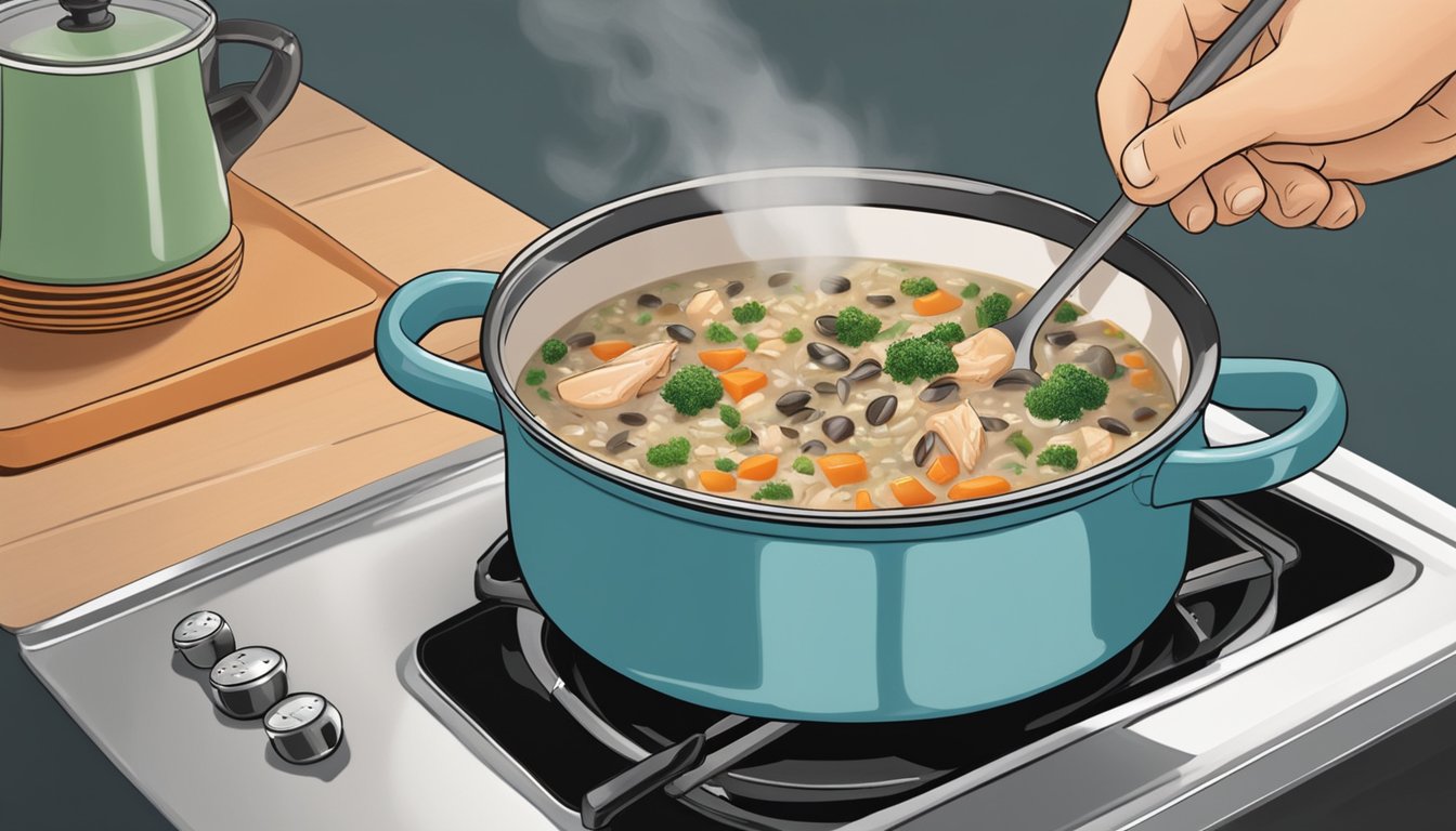 A person reheating chicken and wild rice soup on a stovetop, stirring with a ladle in a pot